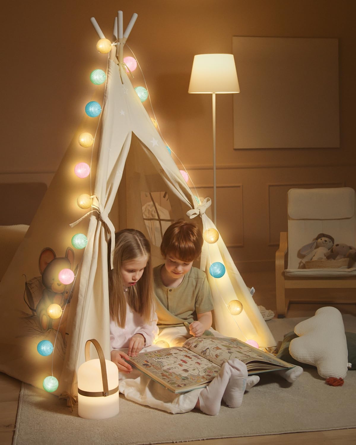 Lichterkette Lampions 20 LED mit Cotton Balls, Batterie Mehrfarbig