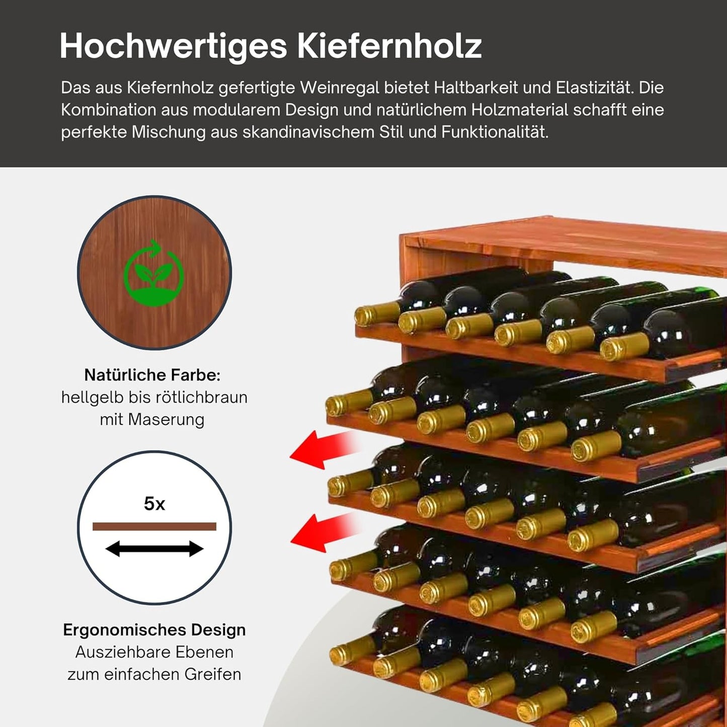 Modulares Weinregal, Auszug Modul für 30 Flaschen Kiefer Braun