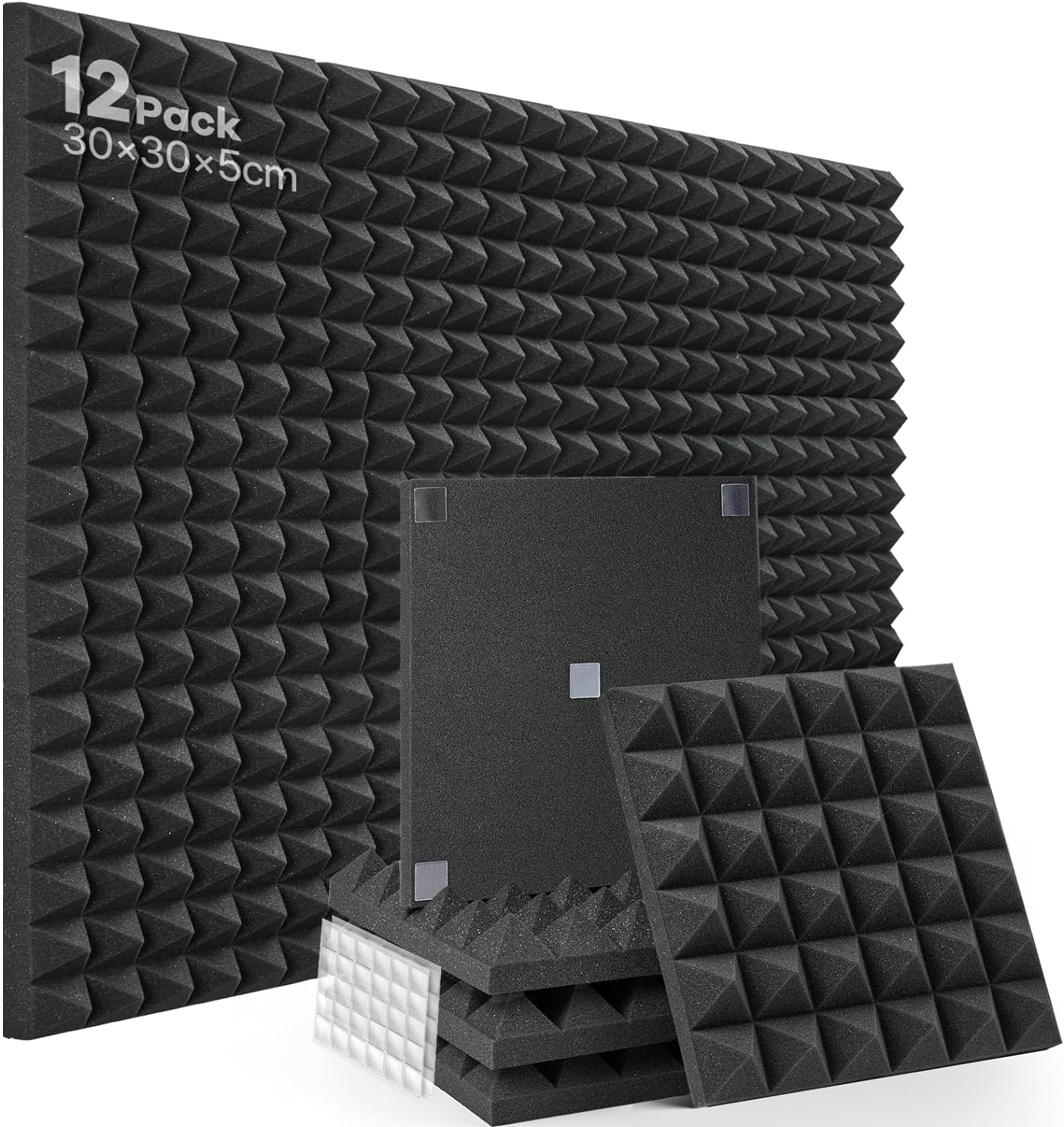 Akustikschaumstoff Soundsbay 12 Stück 30 × 30 × 5cm, Aufkleber-12 Stück, Schwarz-12 Stück