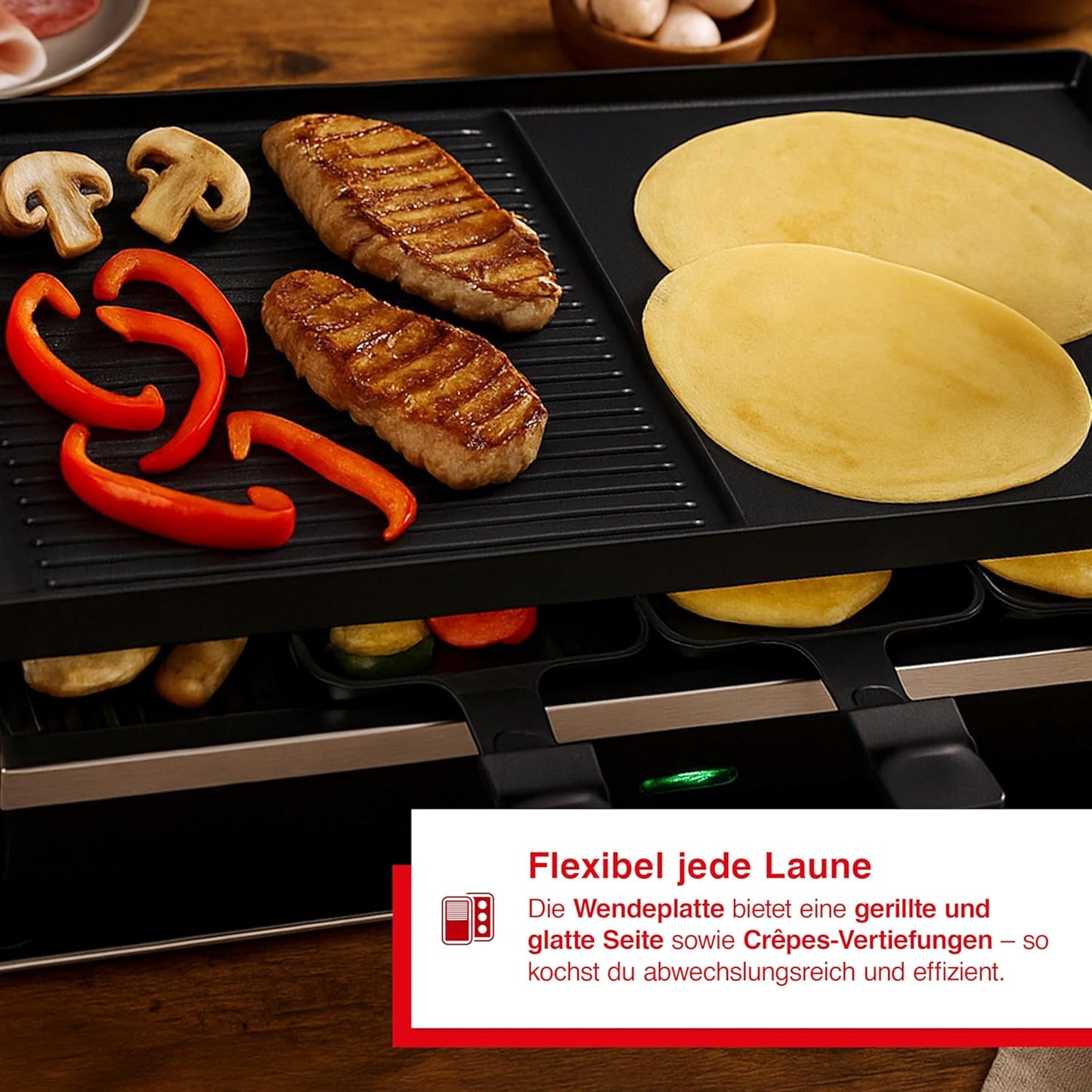 3-in-1 Tischgrill mit Raclette & Crêpe-Funktion
