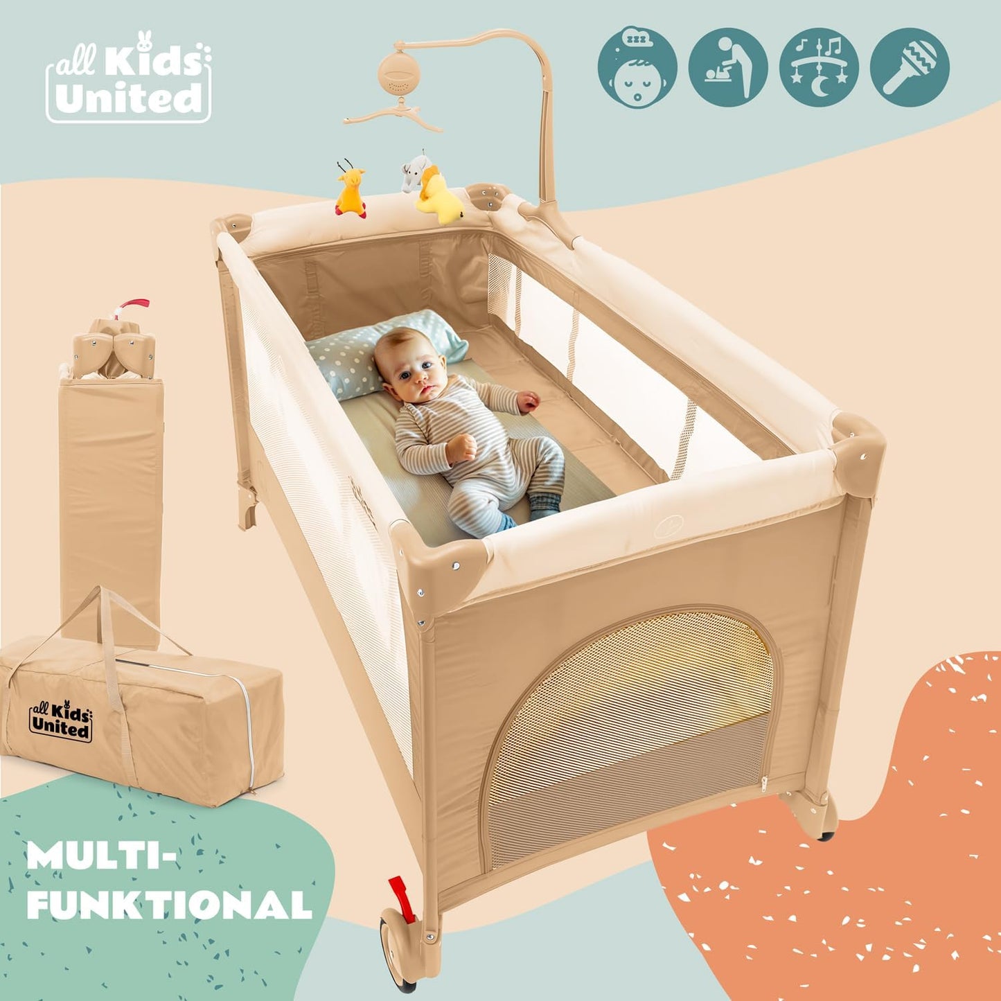 Baby-Reisebett mit Matratze und Zubehör, Beige