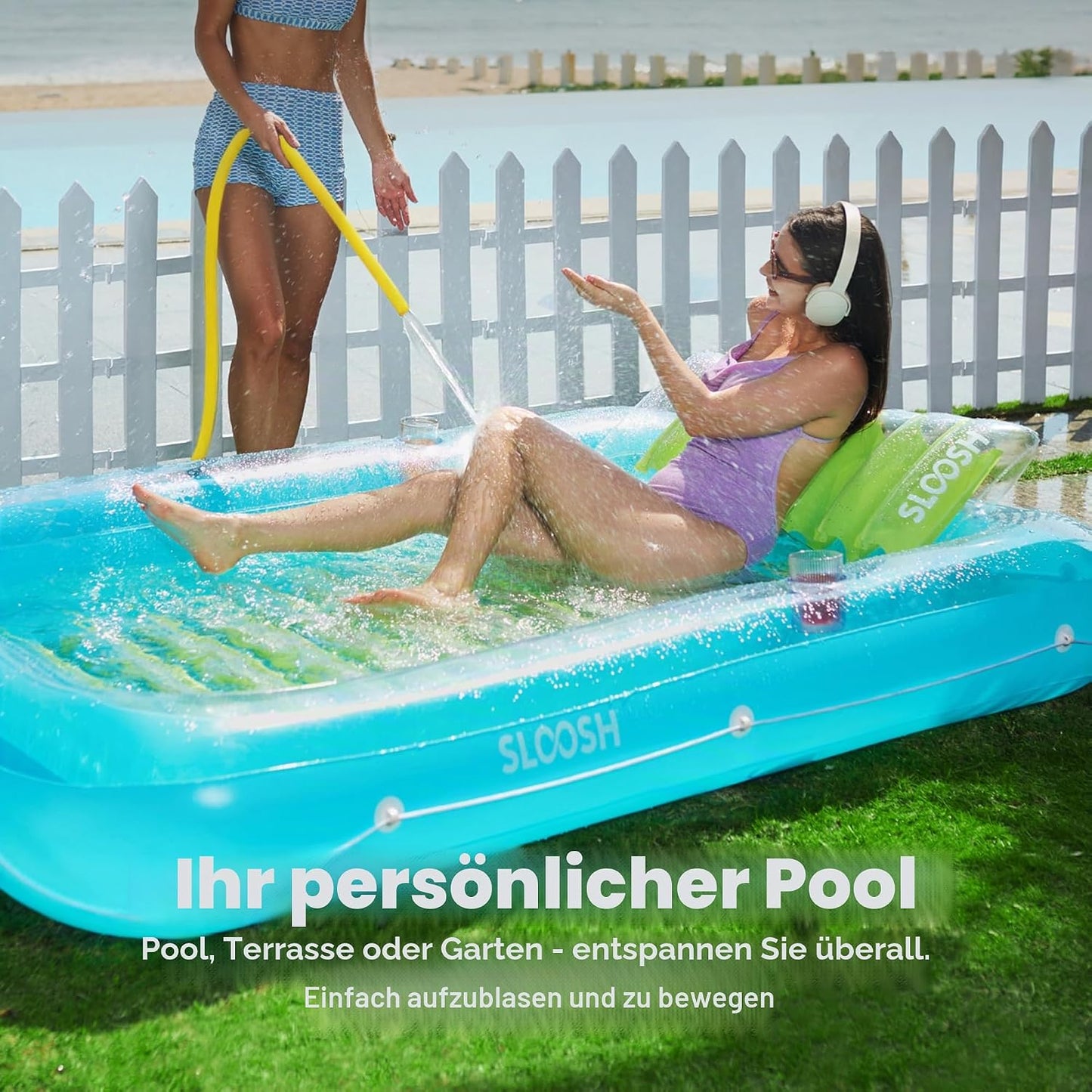 Aufblasbarer Sonnenpool mit abnehmbarem Kissen und Getränkehalter, Blau-Grün XL