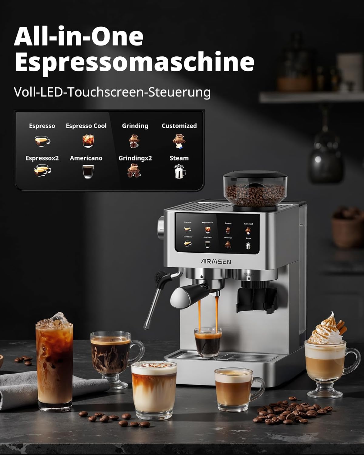 Siebträgermaschine EUBCM2316 mit Kegelmahlwerk & Milchschäumer