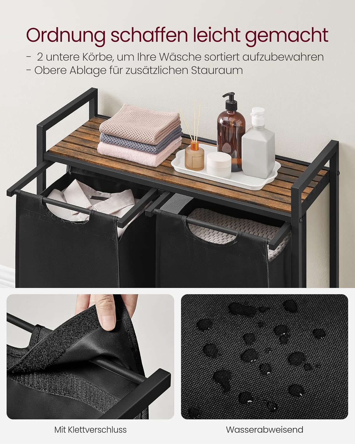 Wäschesammler mit Ablage und 2 Fächer, Tintenschwarz + Vintagebraun 92 L (2 Fächer)