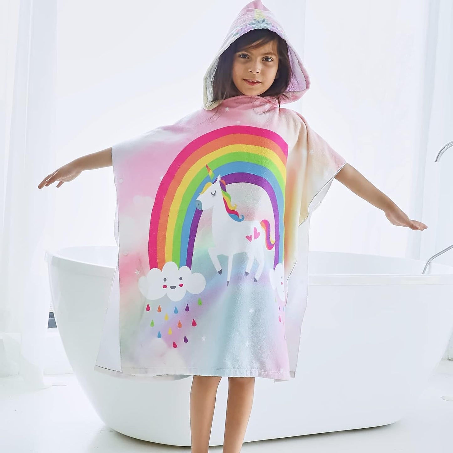 Badetuch-Poncho für Kinder mit Regenbogen-Einhorn-Motiv, Regenbogen Einheitsgröße