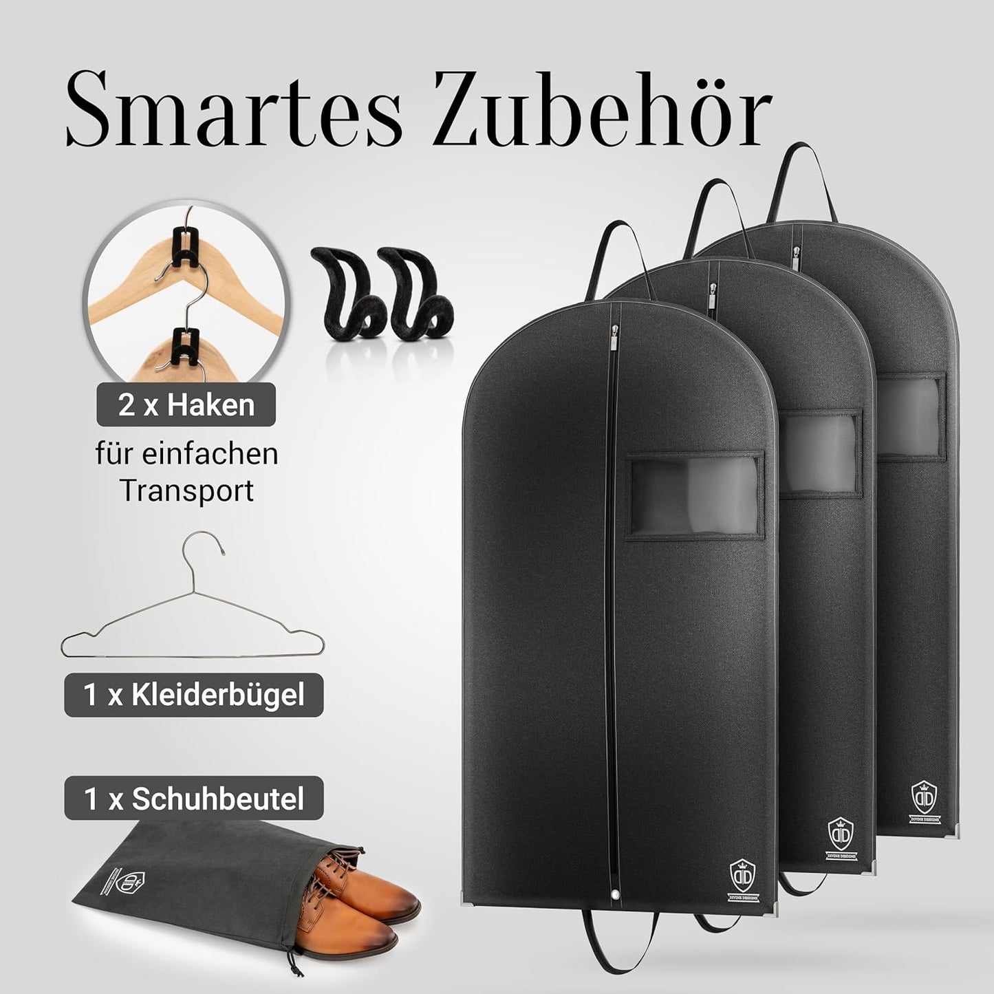 3er-Set Kleidersack mit Schuhbeutel, 102x60cm + Zubehör 3 Stück - Schwarz