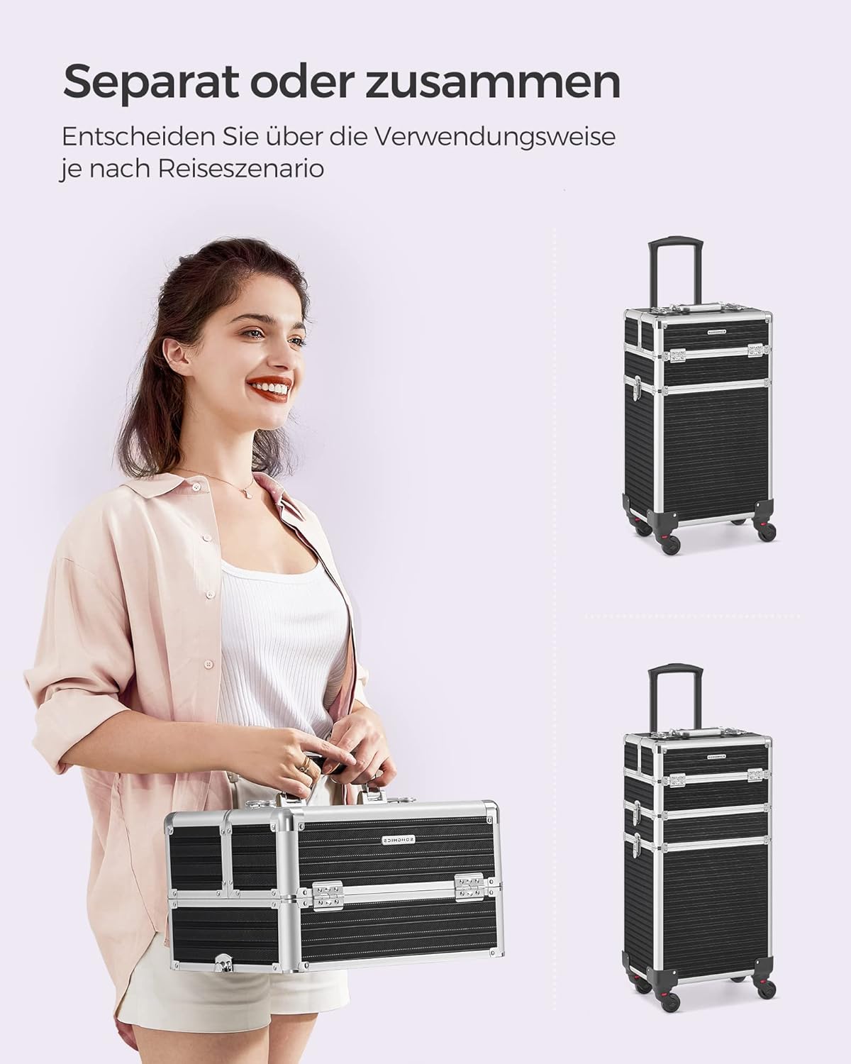 4-in-1 Kosmetikkoffer mit Rollen, Schwarz 4 in 1 (34 x 24 x 79,3 cm)
