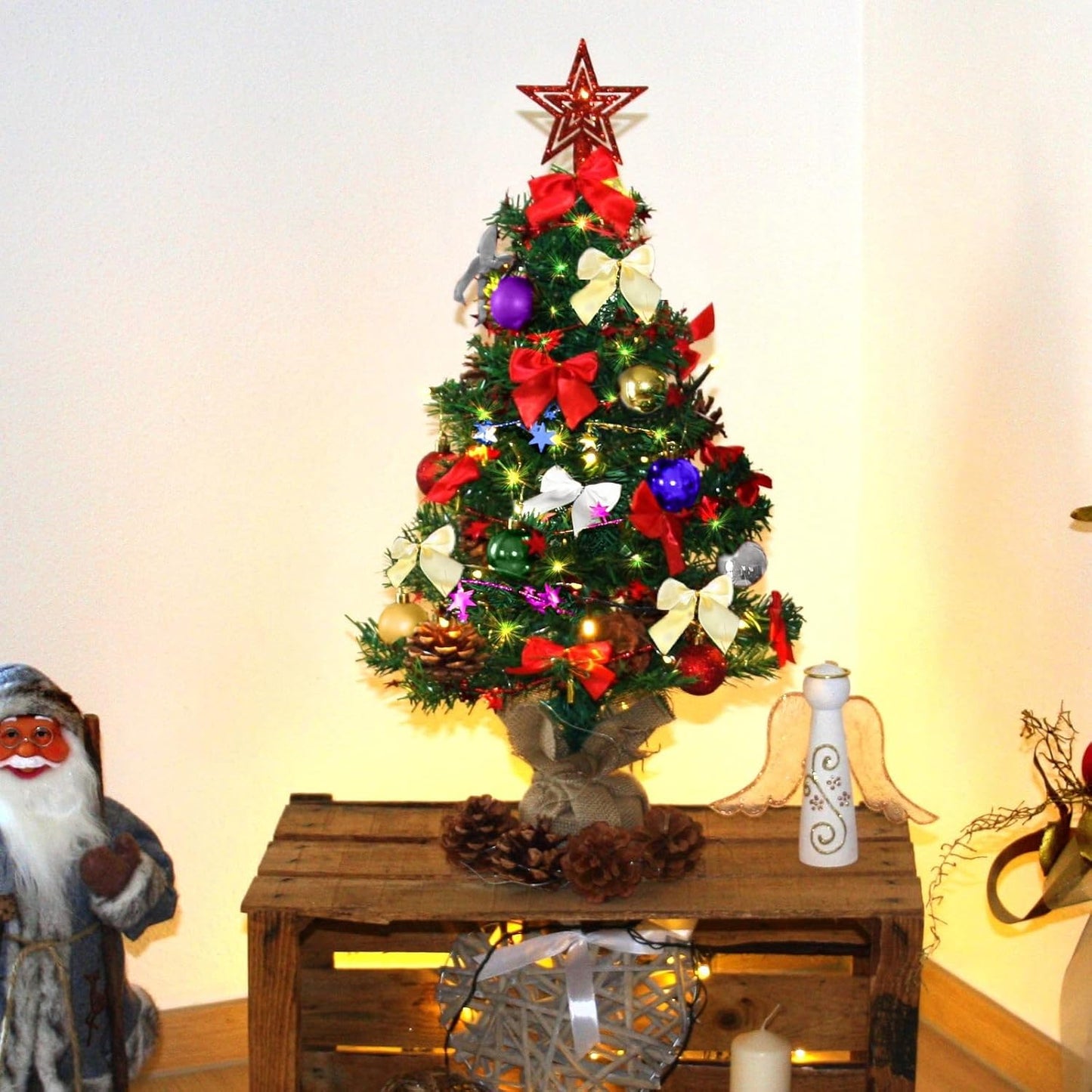 Künstlicher Mini-Weihnachtsbaum mit LED-Lichterkette, 75 cm Grün-bunt-braun+warmweiss