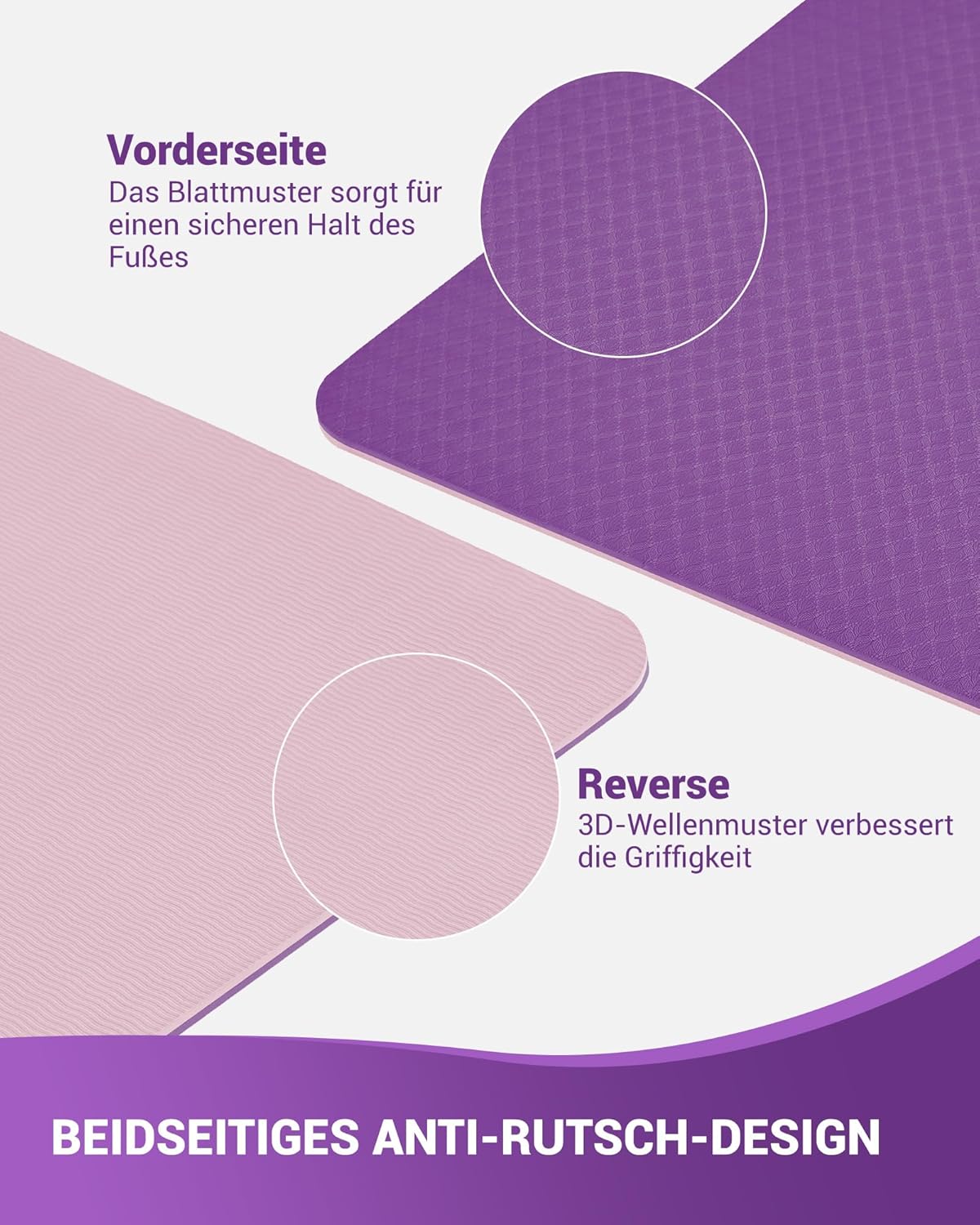 Rutschfeste Yogamatte für Gymnastik und Pilates, Lila/Rosa 6 mm
