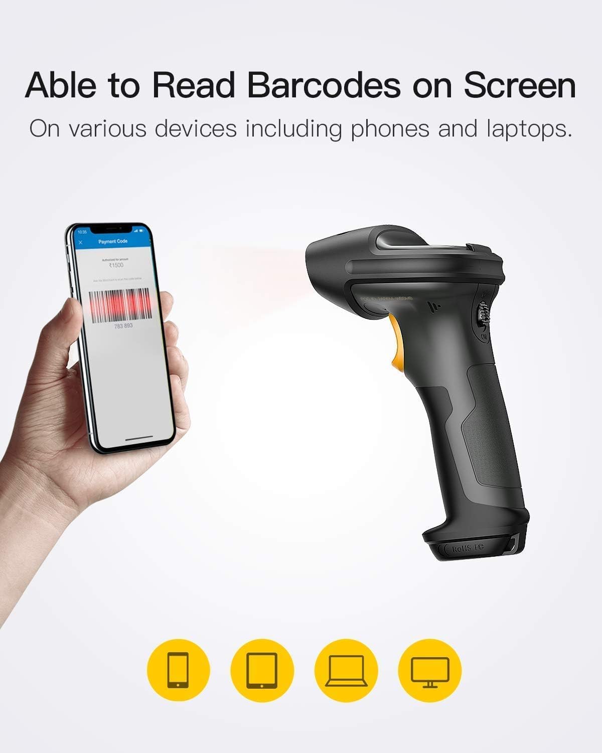 Pro 7 Bluetooth Barcode Scanner mit 100m Reichweite, Dunkelgrau 1D CCD