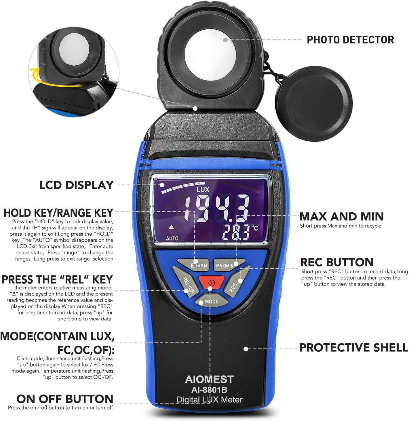 Digitales Luxmeter AI-8801B mit drehbarem Detektor