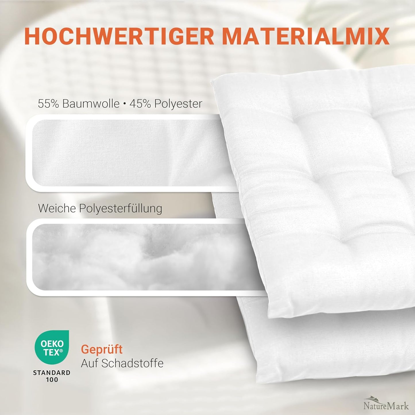4er Set Stuhlkissen mit Bändern (40x40 cm), 4 Stück (1er Pack) Weiss