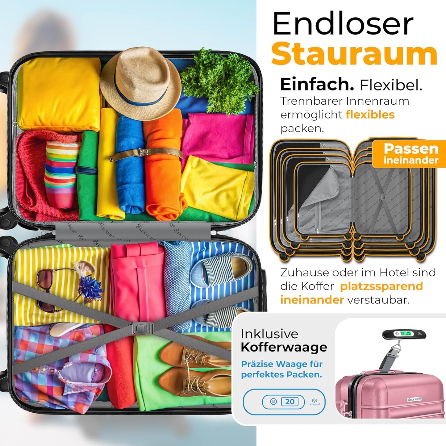 3-teiliges Hartschalenkofferset mit Schloss, Kofferwaage und Anhänger, Rosa