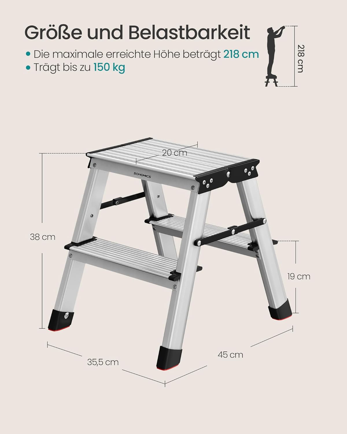 Klappbare Aluleiter mit 2 Stufen, bis 150 kg belastbar, 2 Stufen (45T x 35.5B x 38H cm)