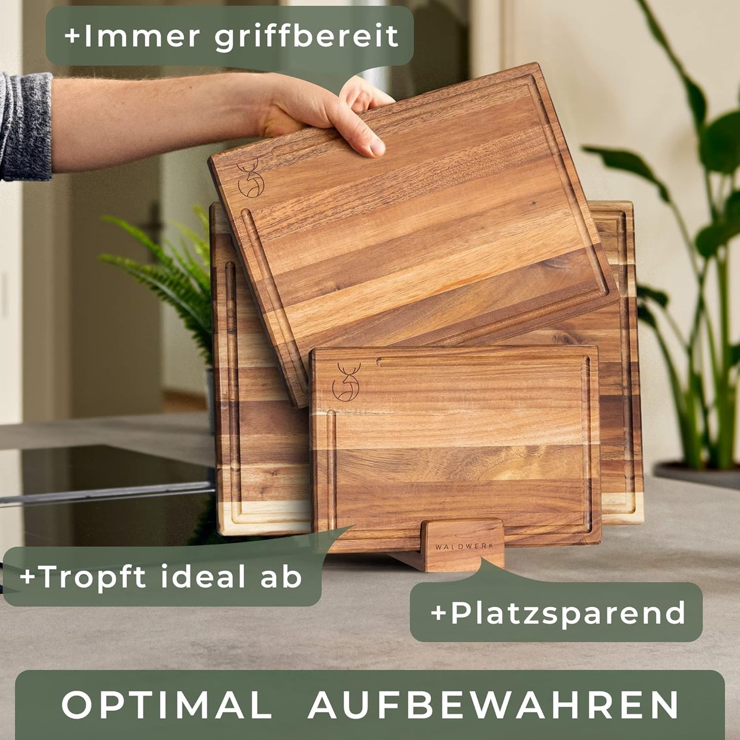 3-teiliges Schneidebrett-Set mit Brettständer, 3 Bretter Akazie