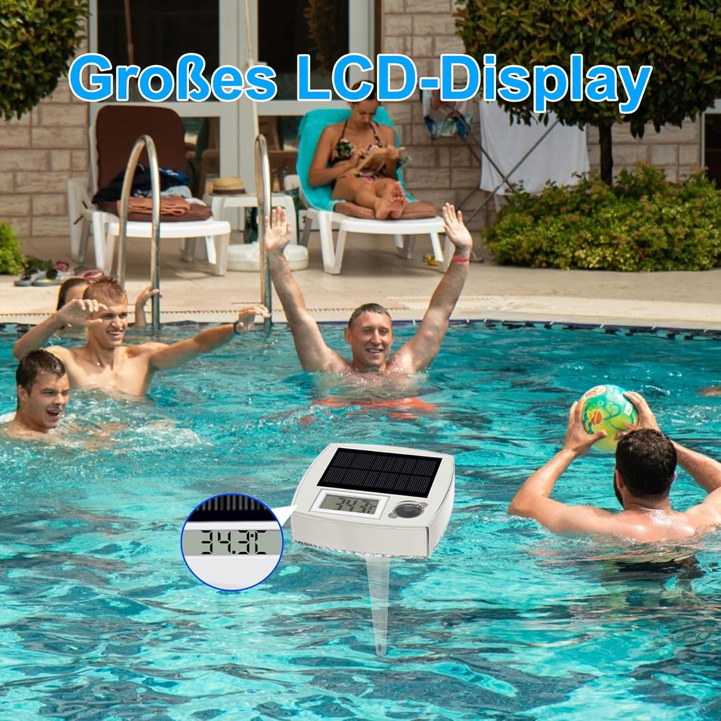 2-in-1 Solar Poolthermometer mit LCD & Lichteffekten, 2 in 1 Solar Poolthermometer-Weiss