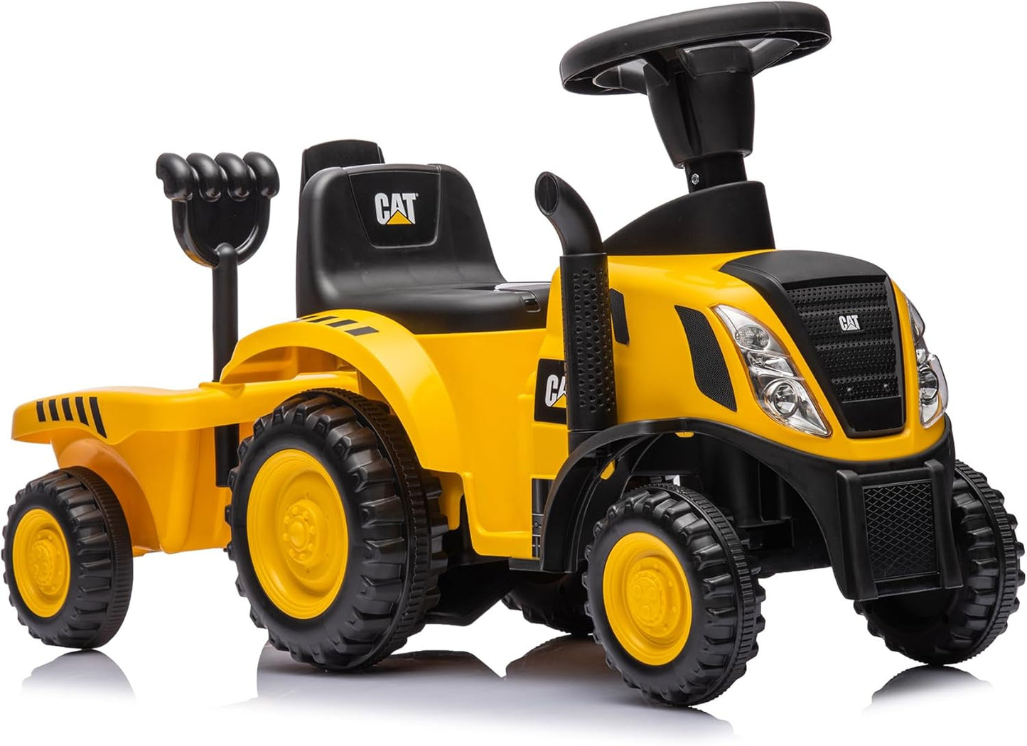 Rutschauto Traktor mit Anhänger, Schaufel und Rechen, Cat Gelb