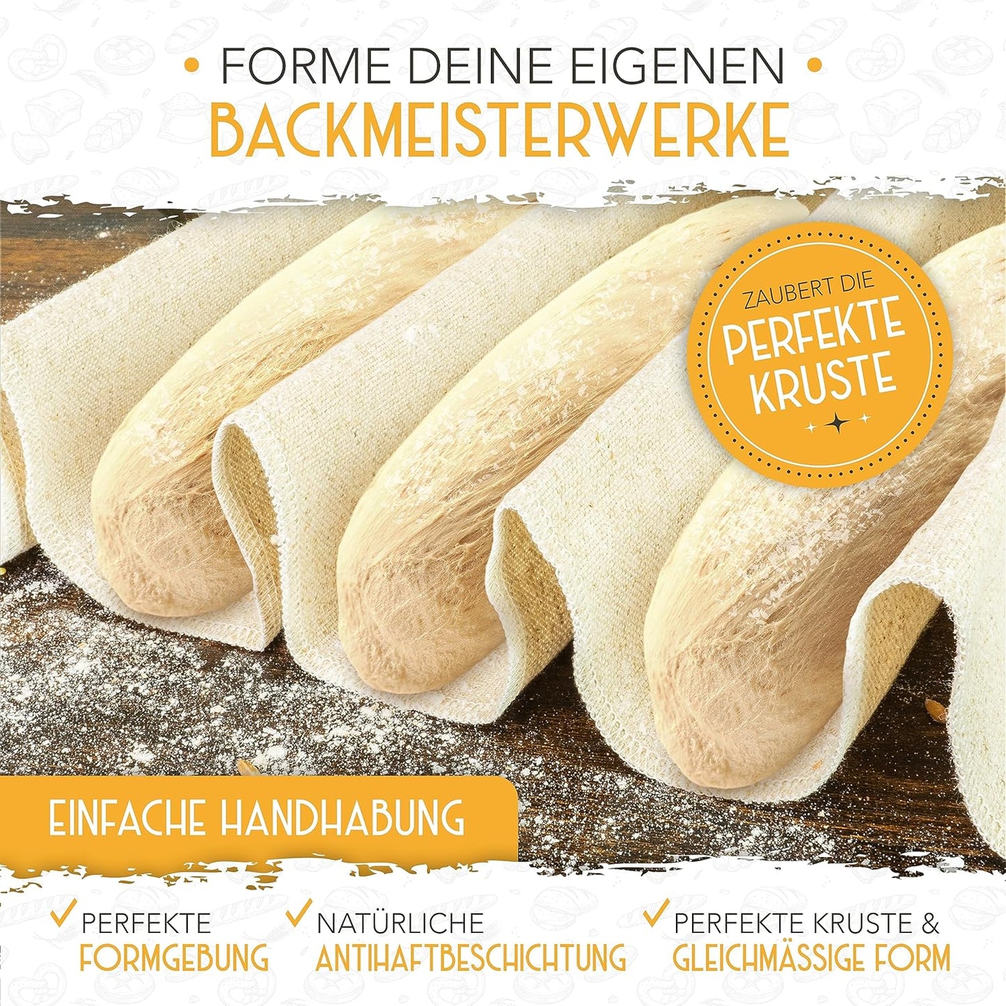 Baguettebackform Set mit Bäckerleinen & Messer, 4er Baguetteform