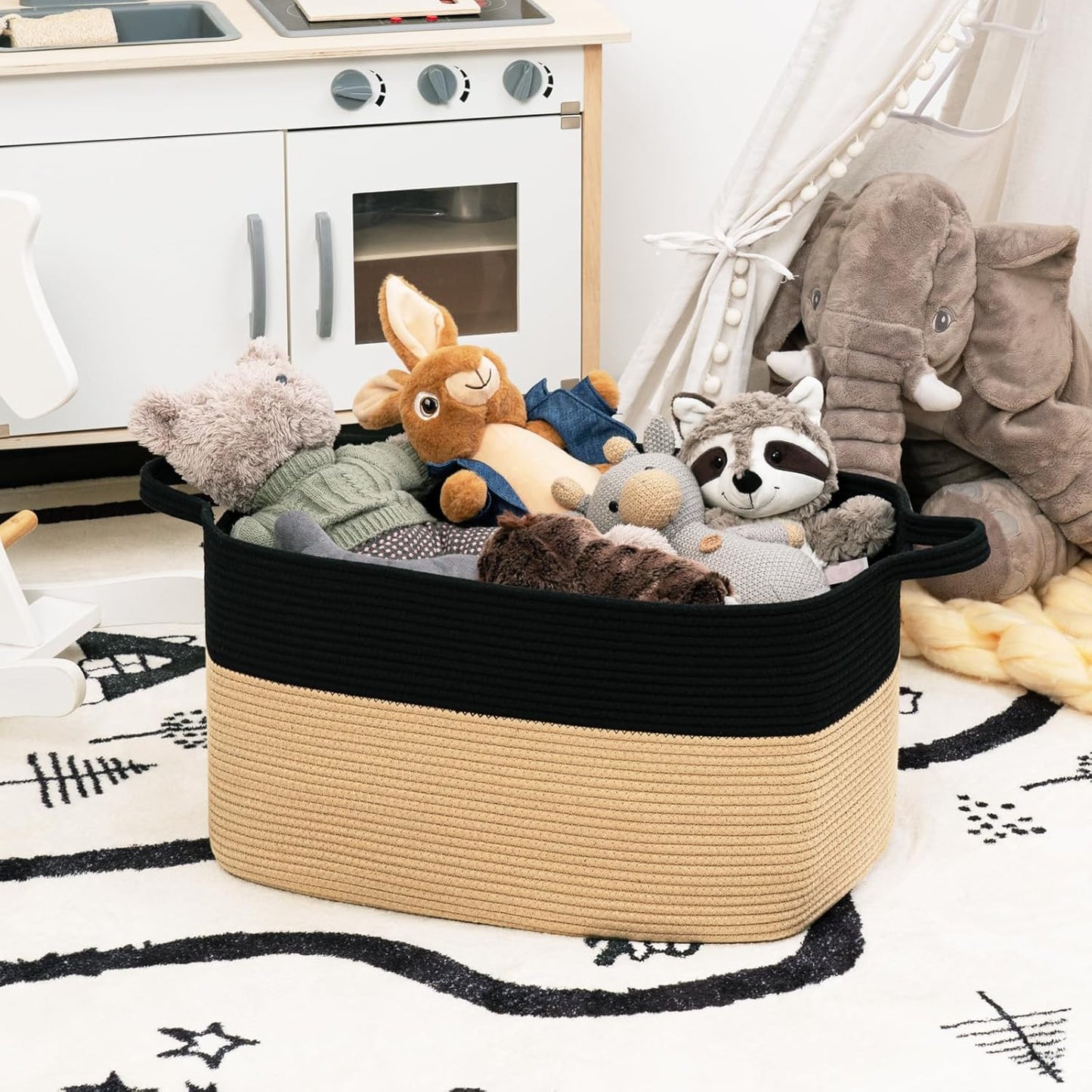 Faltbarer Wäschekorb, Schwarz und Braun 65L（55 x 38 x 29 cm）