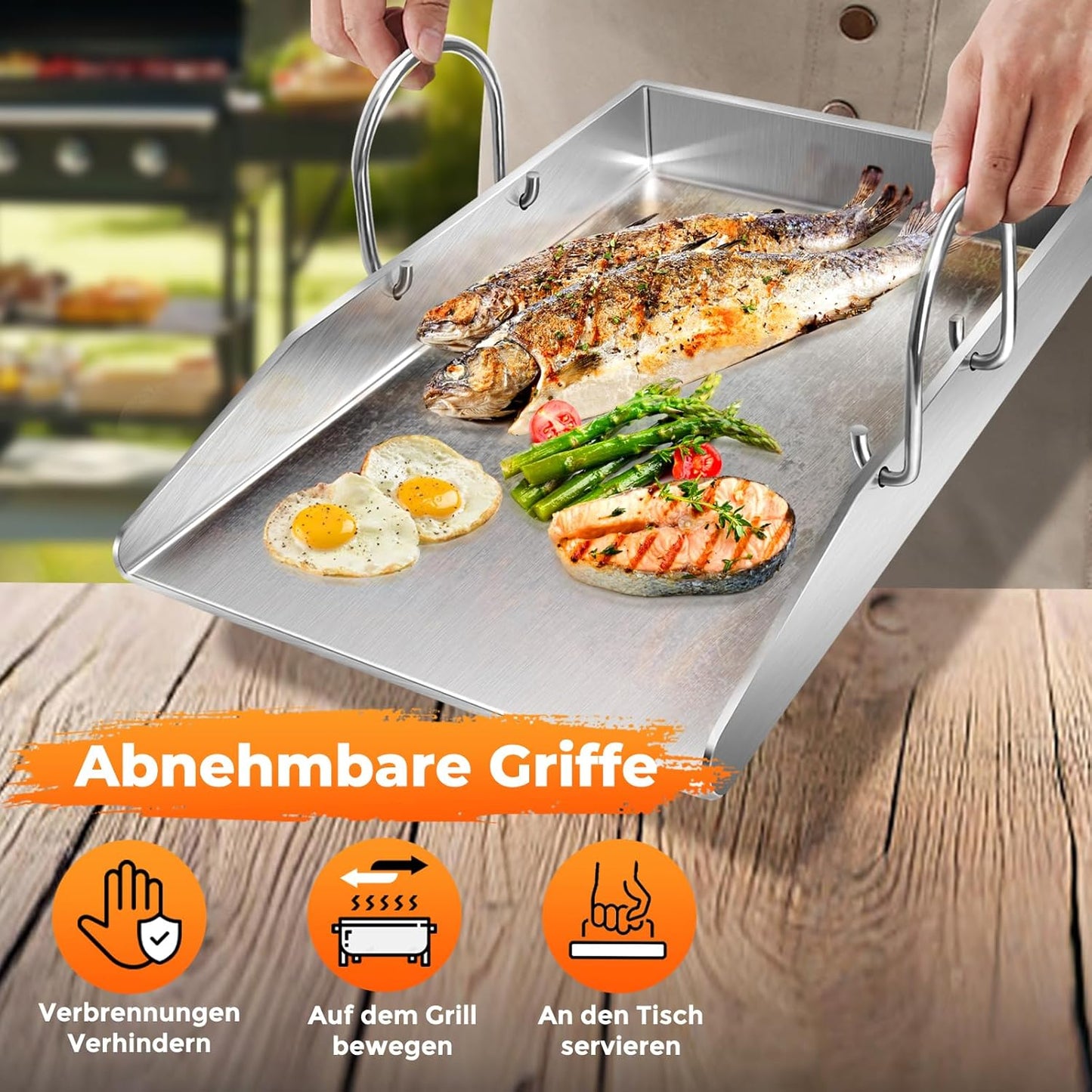 Grillplatte Plancha mit Grillspachtel-Set, Drei Kanten