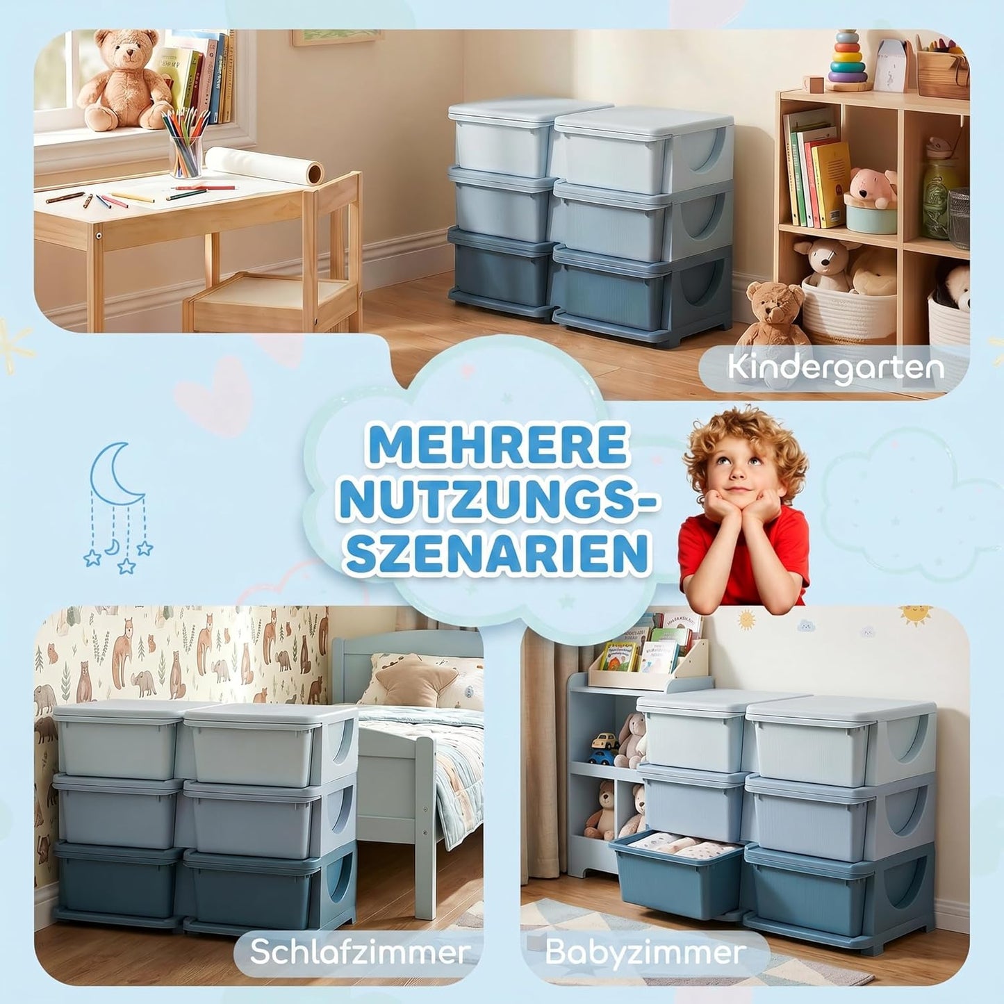 Schubladenschrank Spielzeug-Organizer für Kinderzimmer, 75L x 37B x 56,5H cm Blau