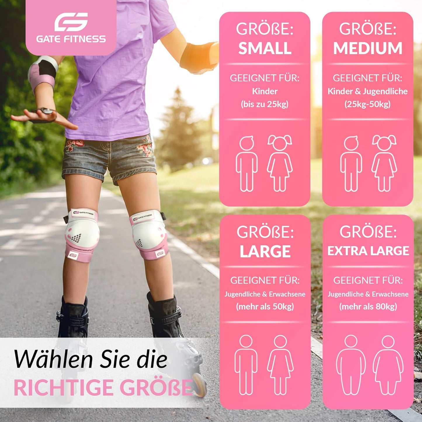 6-teiliges Protektoren-Set, XL - Erwachsene Pink / Weiss