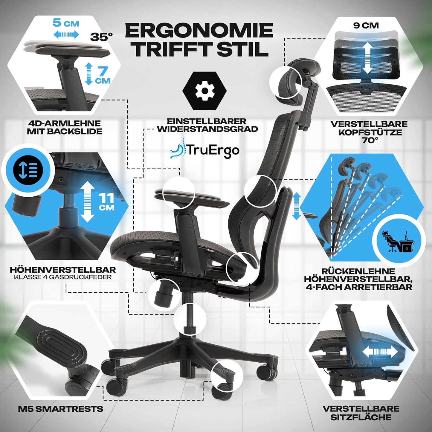 Ergonomischer Bürostuhl M5 mit Mesh-Sitz, M5 Mesh-sitz (Schwarz)