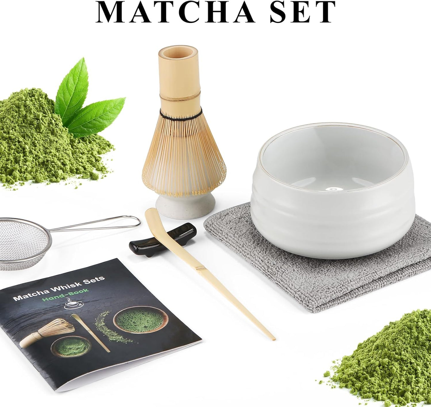 Matcha-Set (7-teilig) mit Bambusbesen und Schale, Mondlicht Weiß
