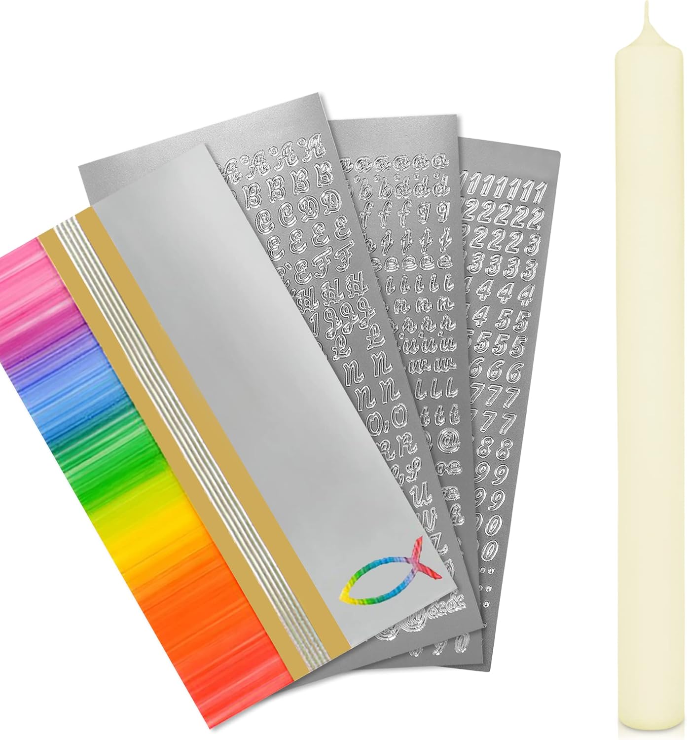 Kerzen-Rohling Set zum selbst gestalten, Regenbogen Gold | Silber mit Fisch Kerze 40x4 cm | Creme