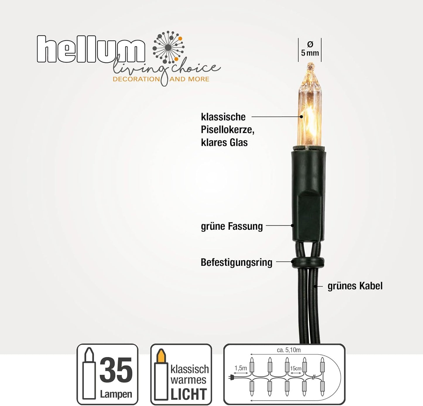 Lichterkette innen 35er für Weihnachtsbaum, Grünes Kabel - Transparente Lampe 35 Lichter / beleuchtet 5,1m