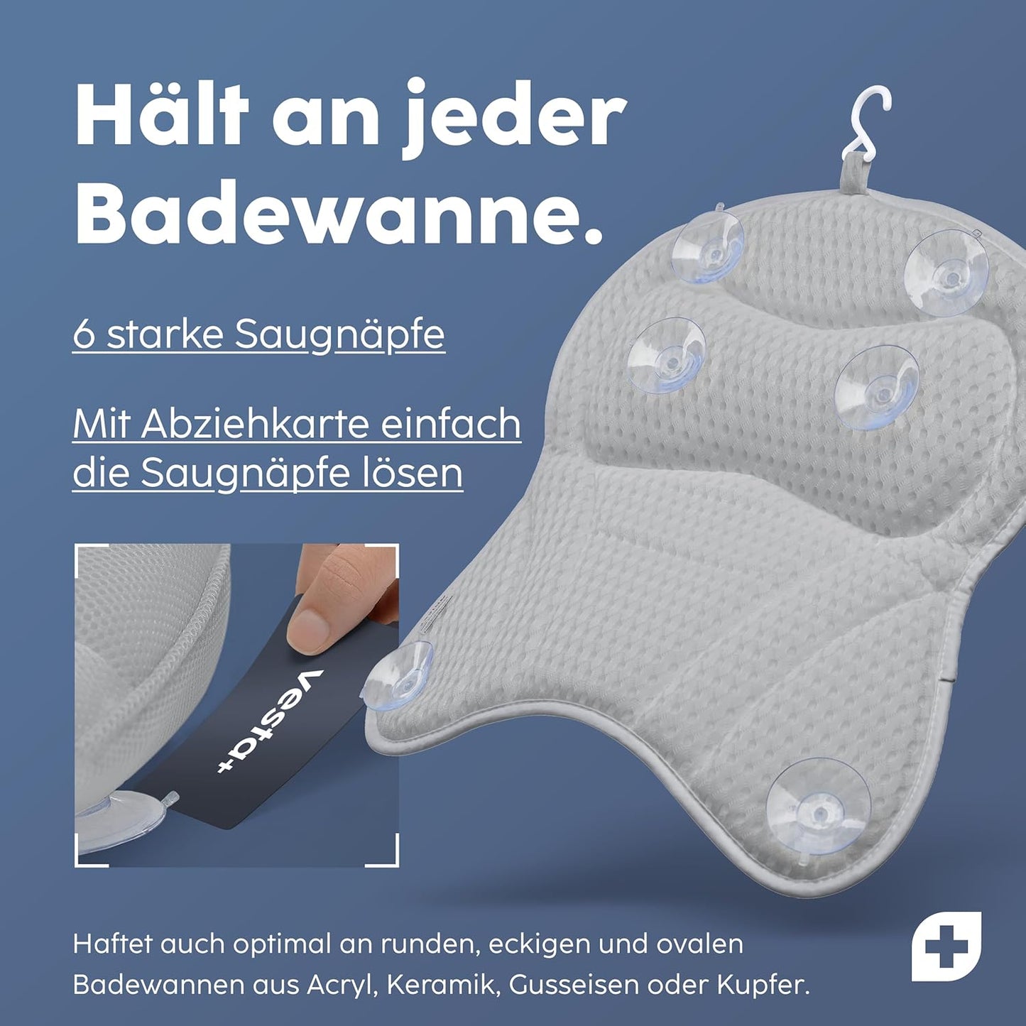 Badewannenkissen mit Saugnäpfen, Grau