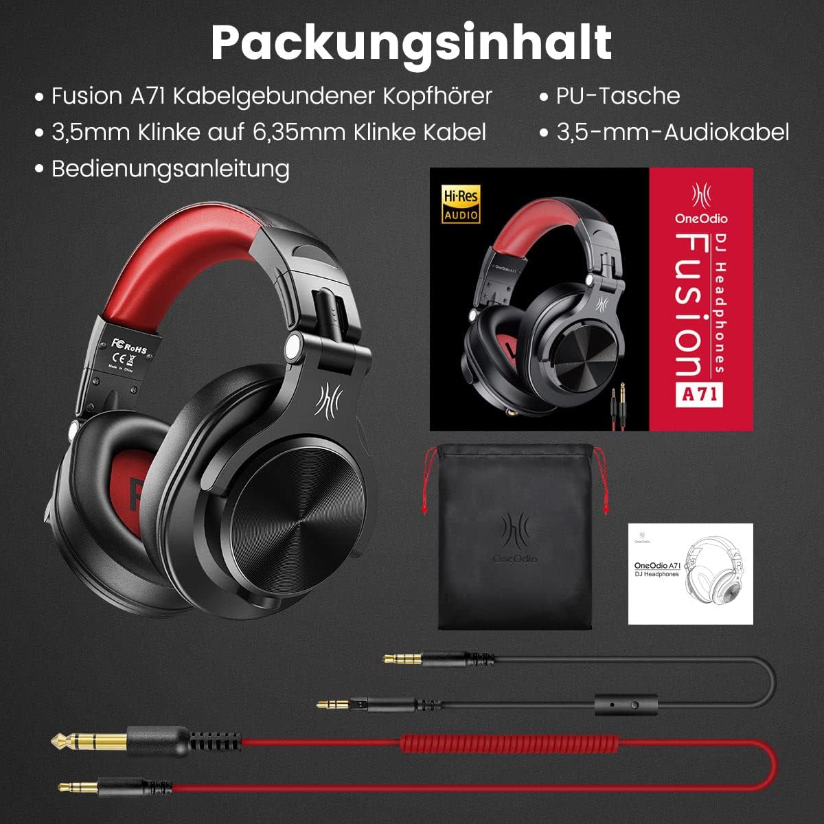 Fusion A71 DJ Kopfhörer Over Ear mit Share Port, Rot A71