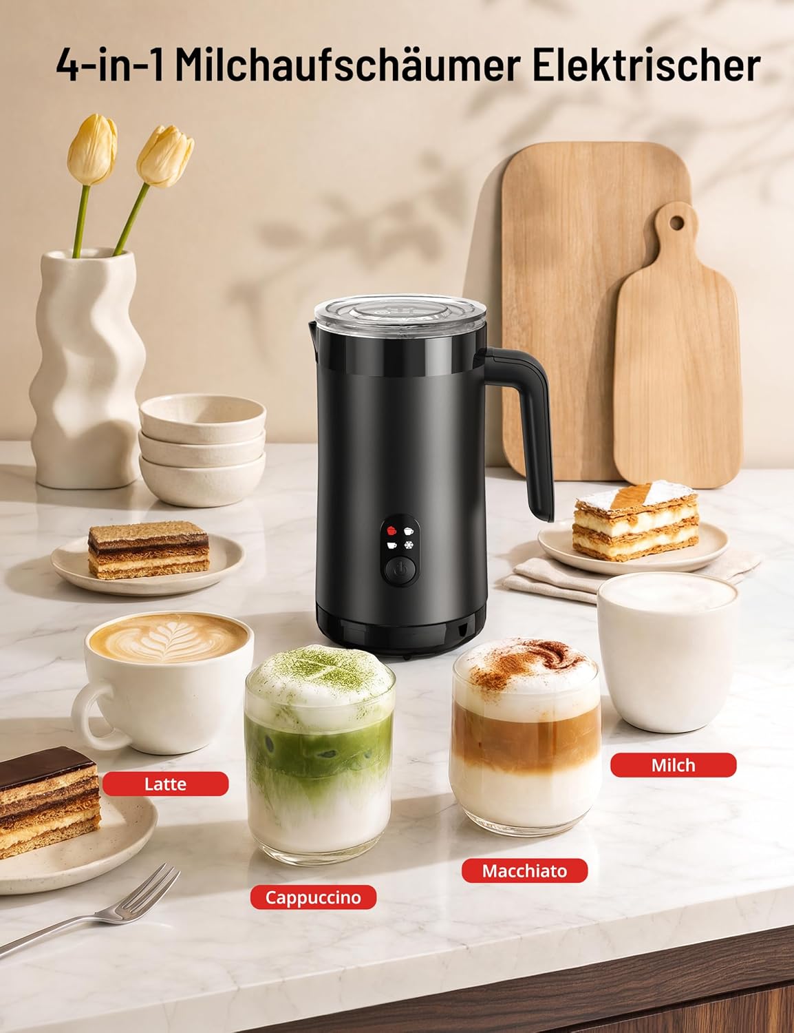 4-in-1 Elektrischer Milchaufschäumer 400ml für Kaffeegetränke, Schwarz