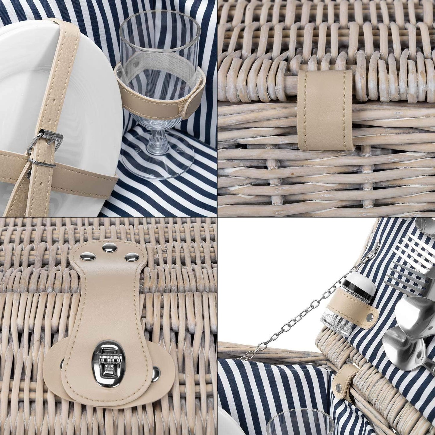 4 Personen Picknickkorb, 23-teilig, Beige - Blau Weiss