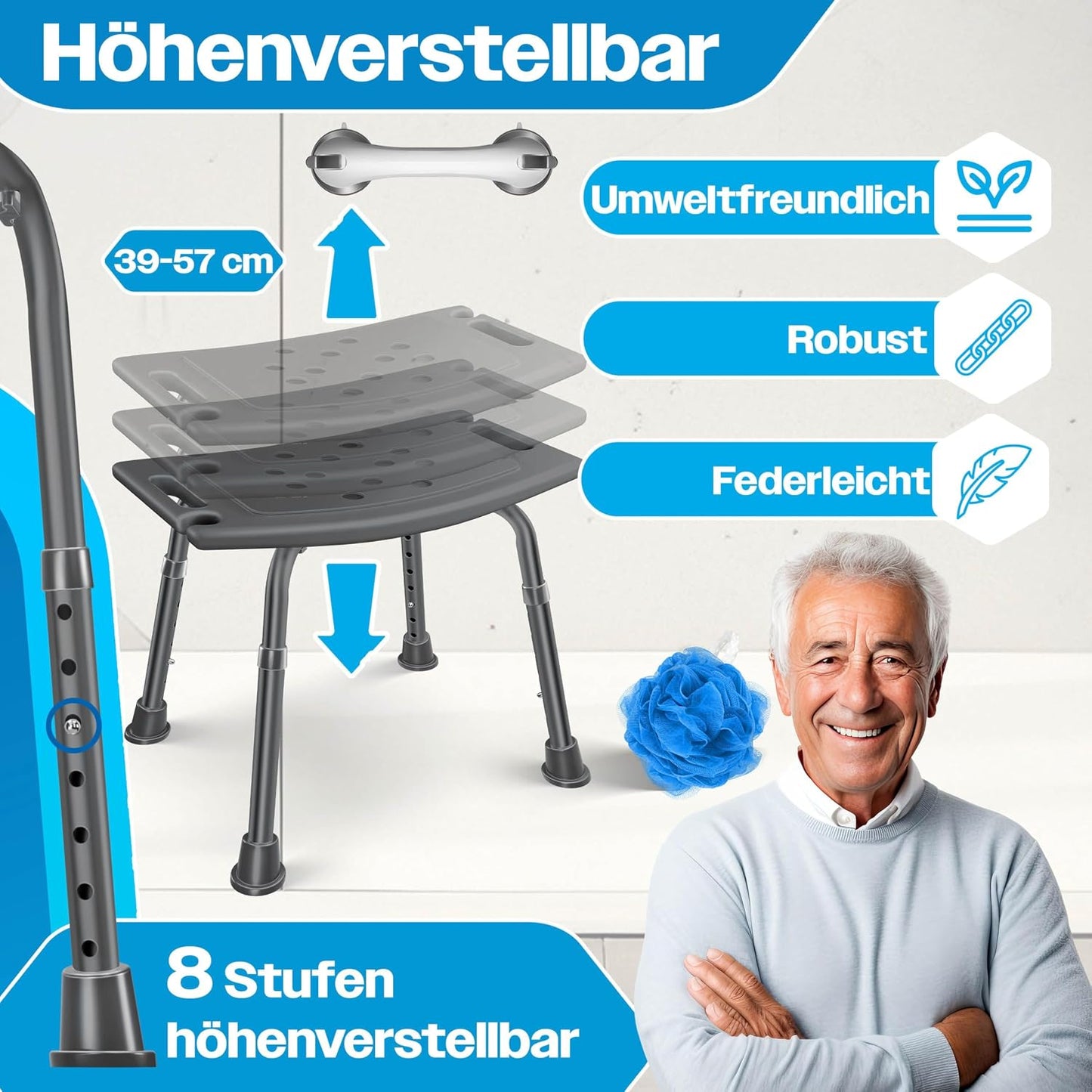 Duschhocker höhenverstellbar mit Haltegriff, Eckig Anthrazit