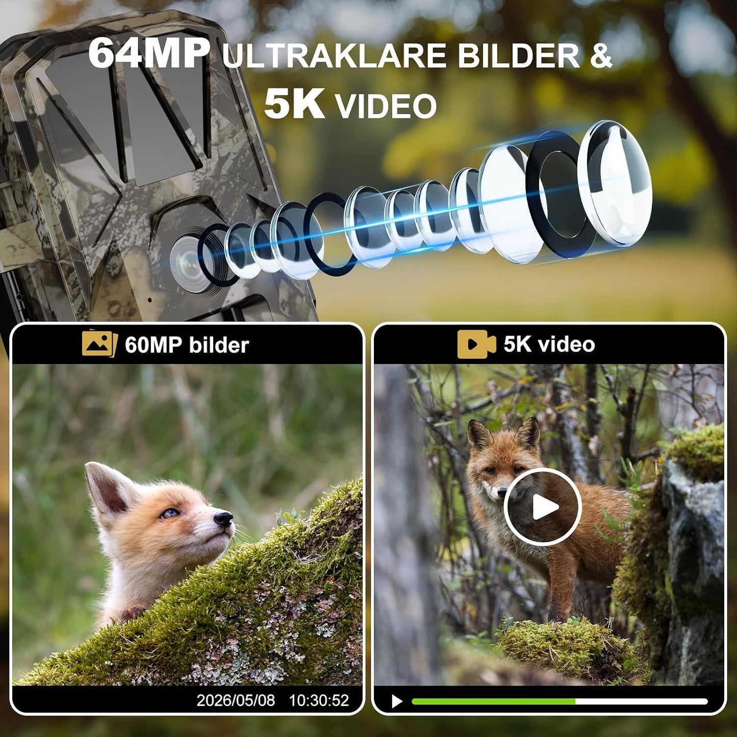 M1 Wildkamera mit Solar-Akku, 5K/64MP, Braun