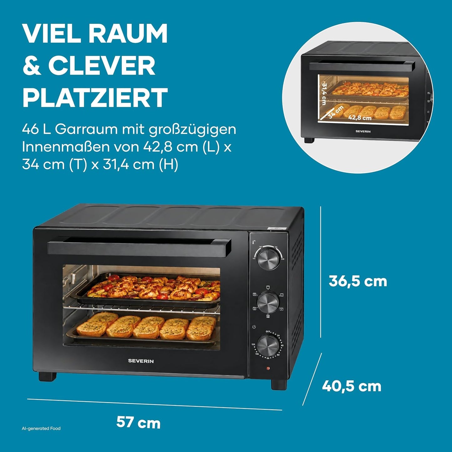 Back- und Toastofen mit Umluftfunktion 46L, Schwarz 46L