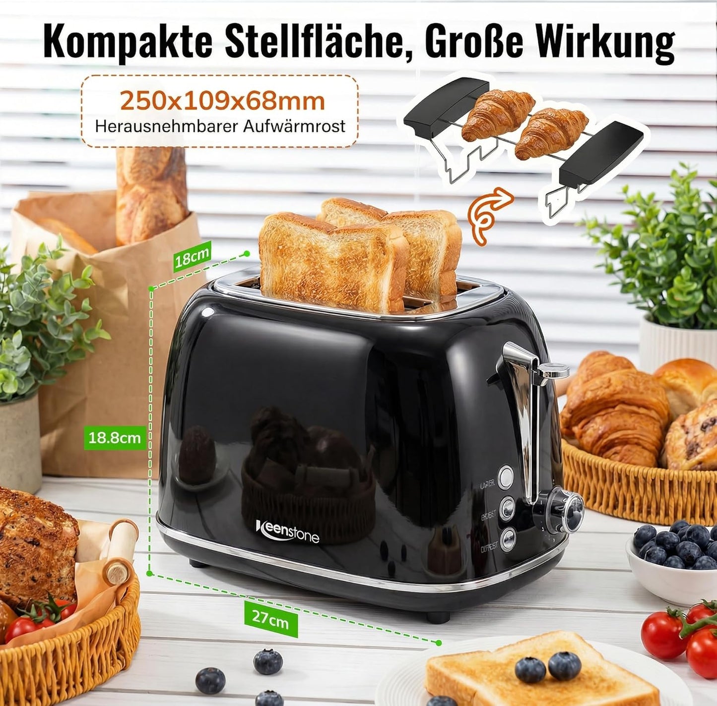 Retro Edelstahl Toaster mit breitem Schlitz (2 Scheiben)