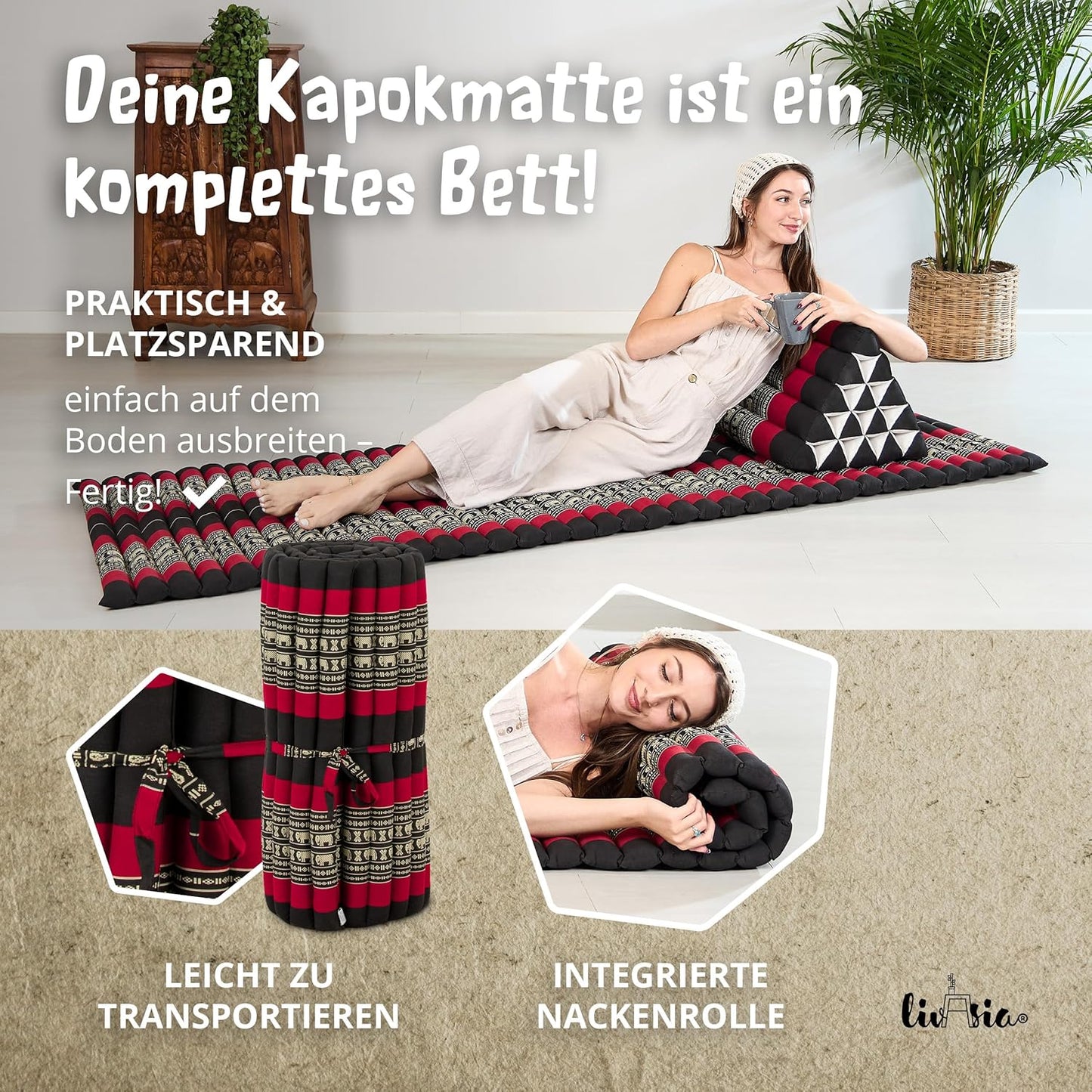 Rollmatratze Gästebett für 1 Person (200x75cm), M (200 x 75 cm) Schwarz/Elefanten