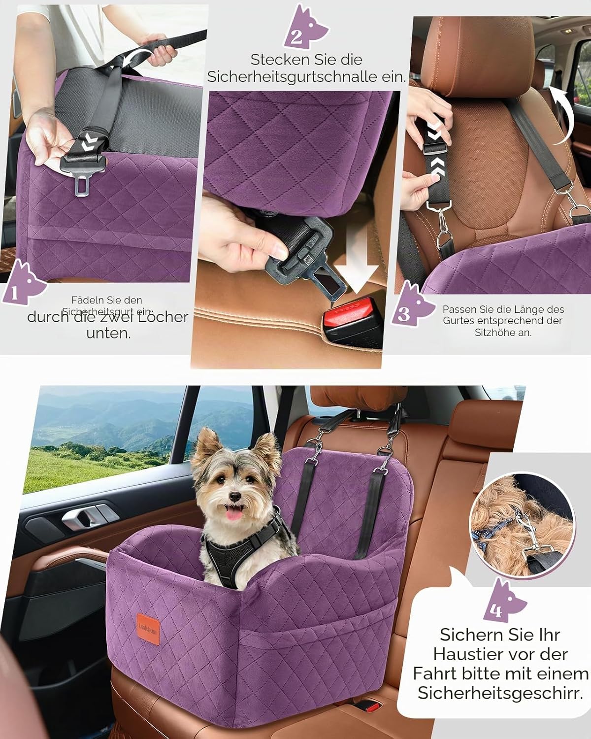 Hunde-Autositz mit Leine, Purple Medium