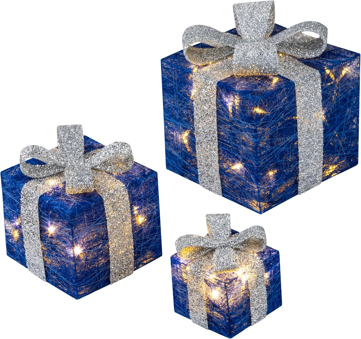 3er-Set LED-Weihnachts-Deko-Boxen mit Timer, Blau-Silber