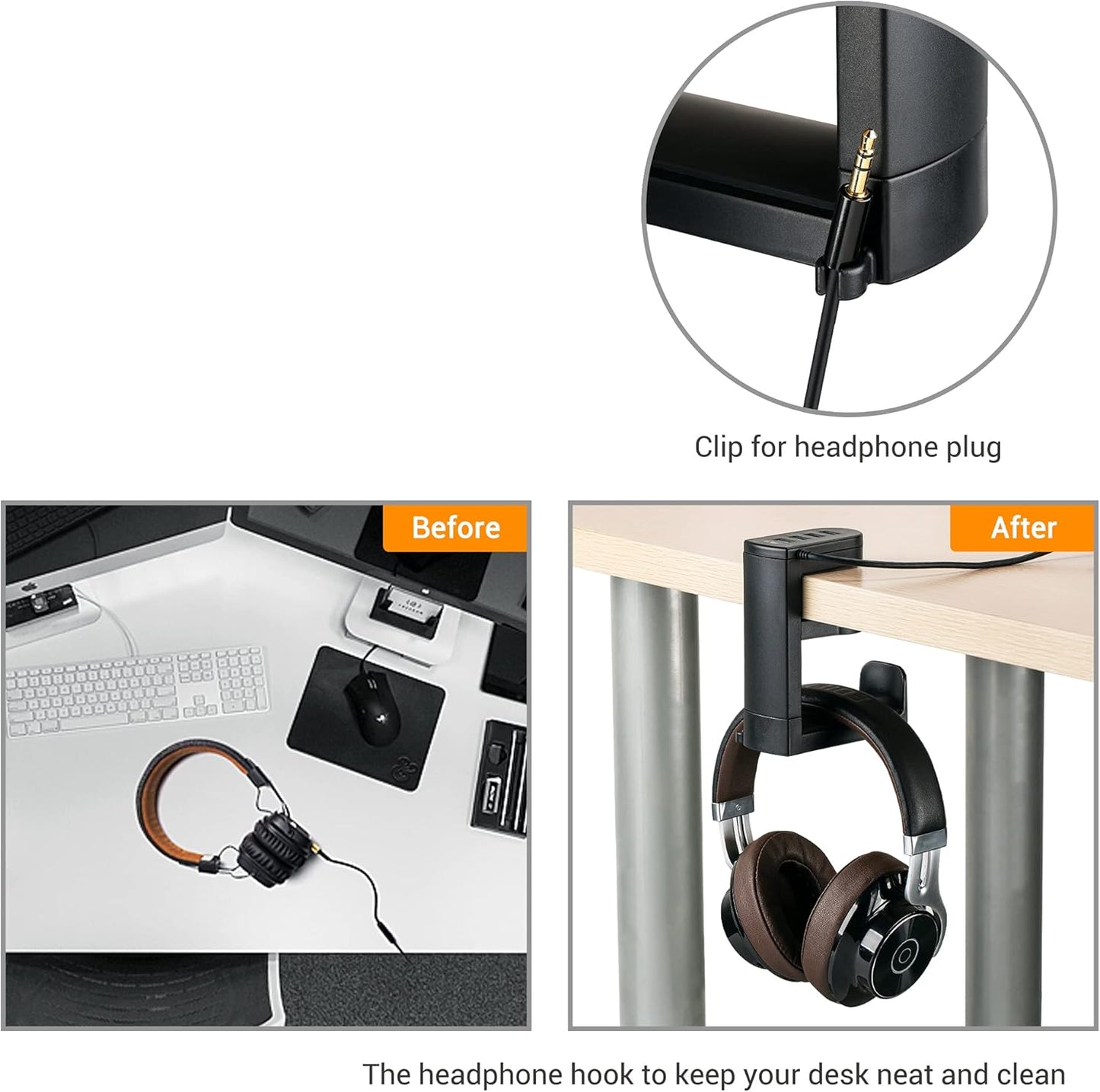 Kopfhörerständer mit USB-Hub, Kopfhörerständer mit 4 USB Anschlüssen Schwarz