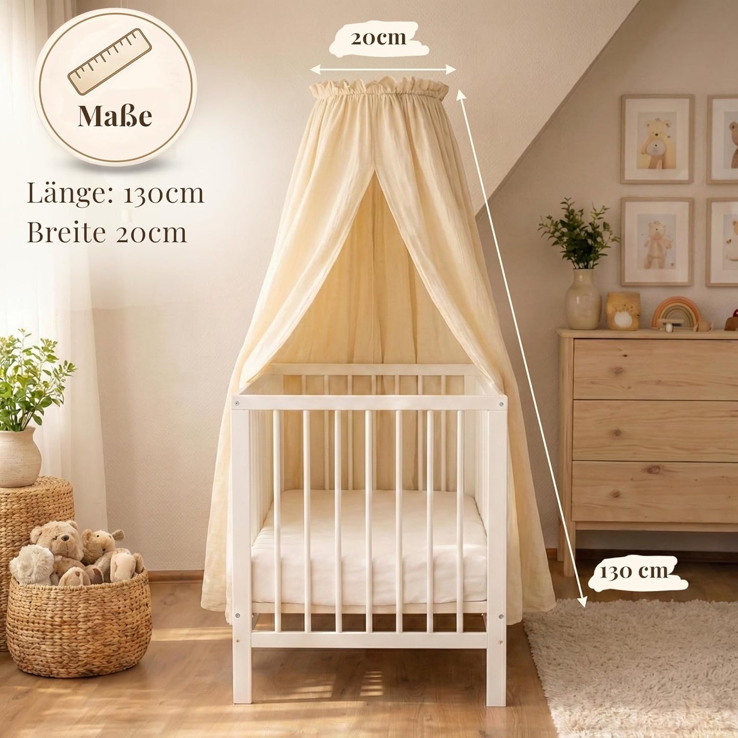 Betthimmel Set mit Himmelstange, montierbarer Ständer + Stoff creme
