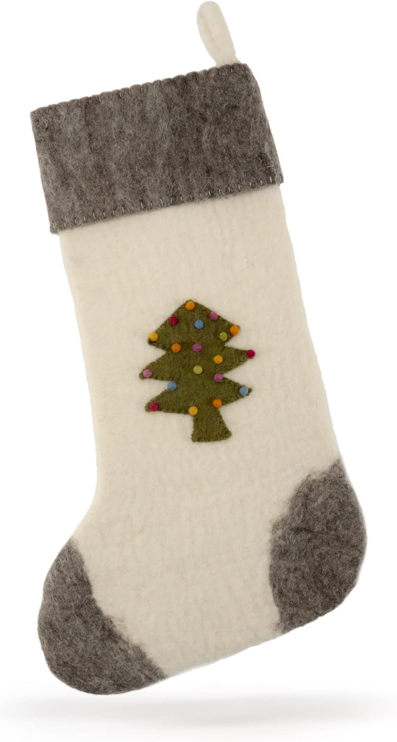Handgefilzter Nikolausstrumpf mit Christbaum-Motiv, Socken mit Weihnachtsbaum