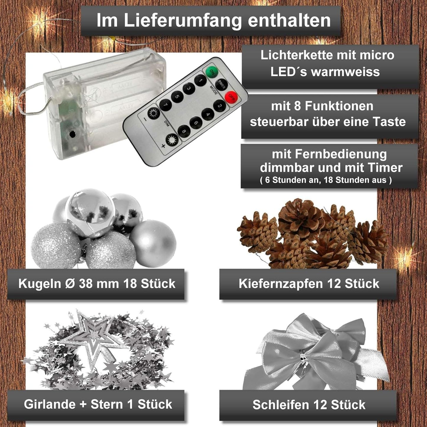 Künstlicher Weihnachtsbaum mit Deko & LED-Lichtern, 90 cm / Grün-silber-braun+warmweiss