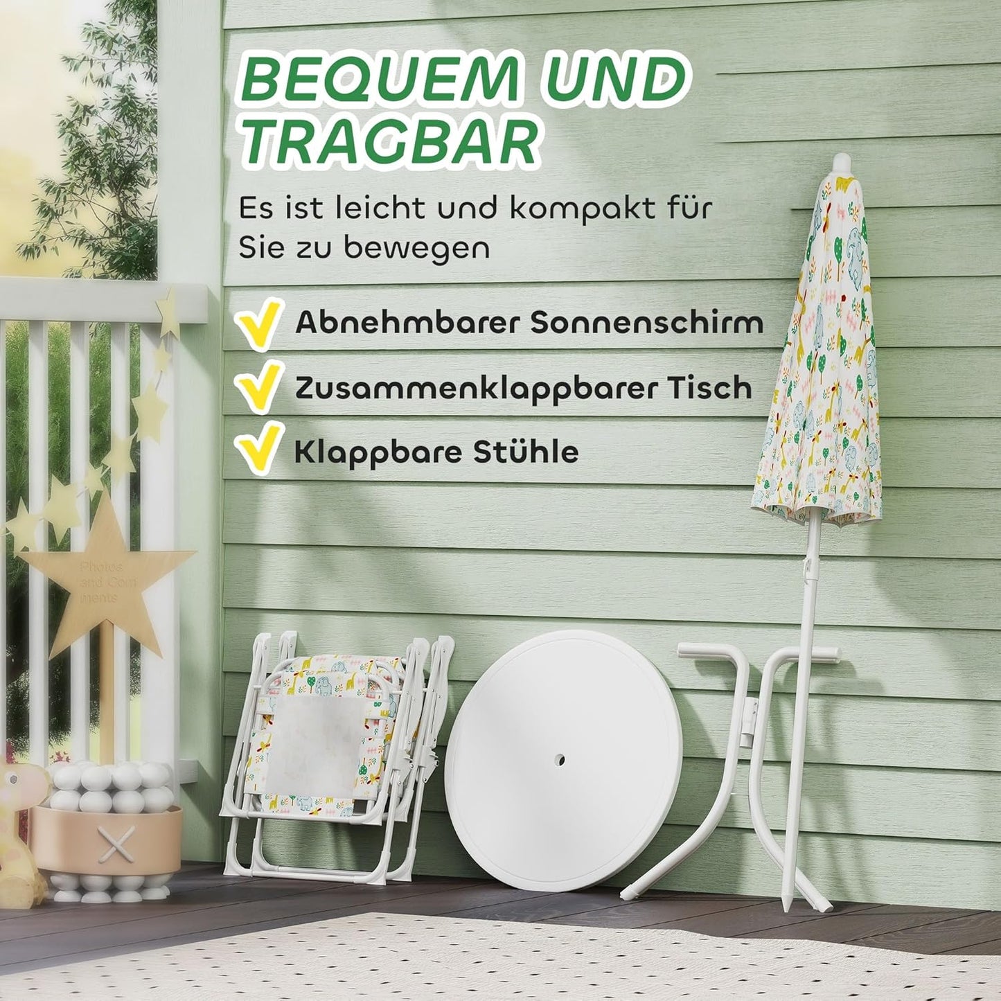 Garten-Kindersitzgruppe Stahl, Polyester Weiss, Weiss-elefanten- und Giraffenmuster