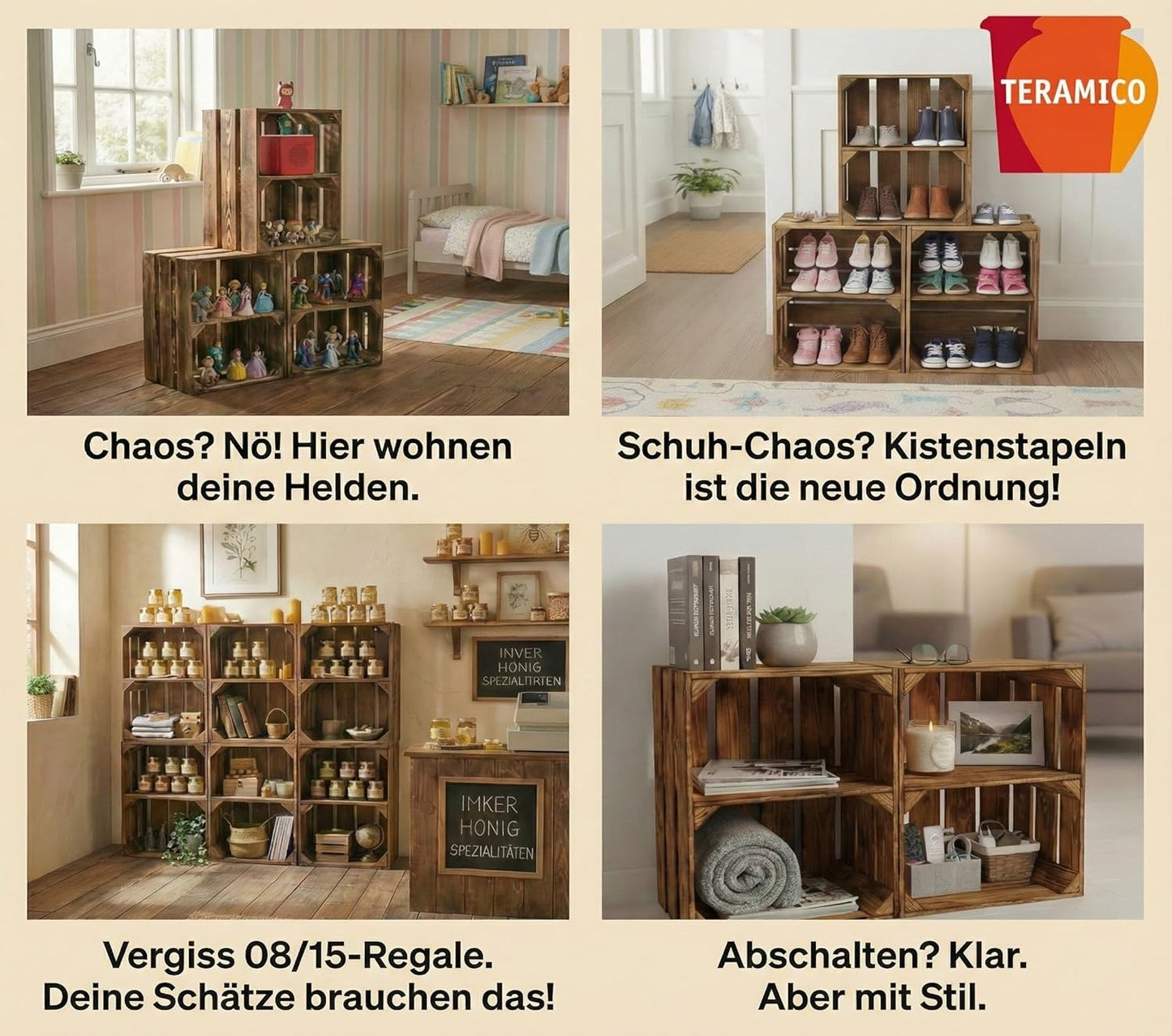 Vintage Holzkisten Set, 6er Set Boden Kurz
