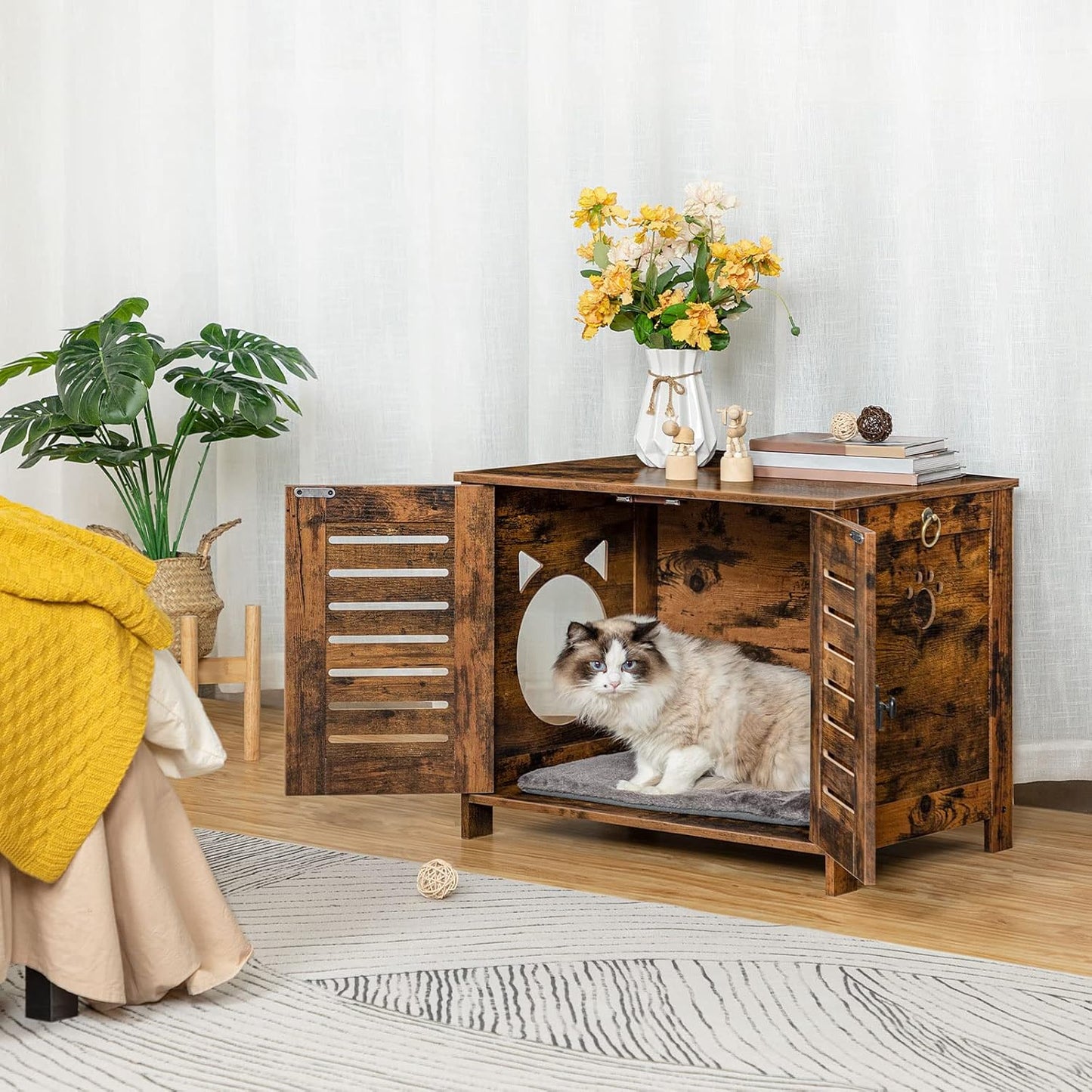 Katzenklo-Schrank im Jalousien-Stil, EBF60MW01, Vintagebraun