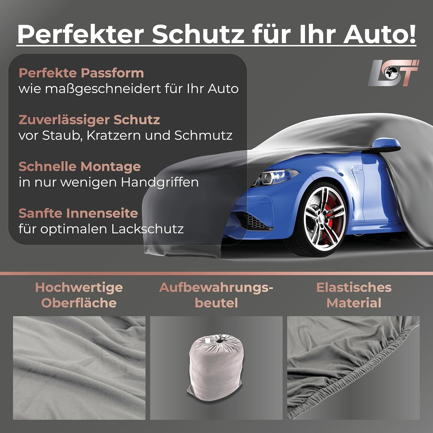 Dehnbare Autoabdeckung für Innenbereich, XL (505x165x120cm) Grau