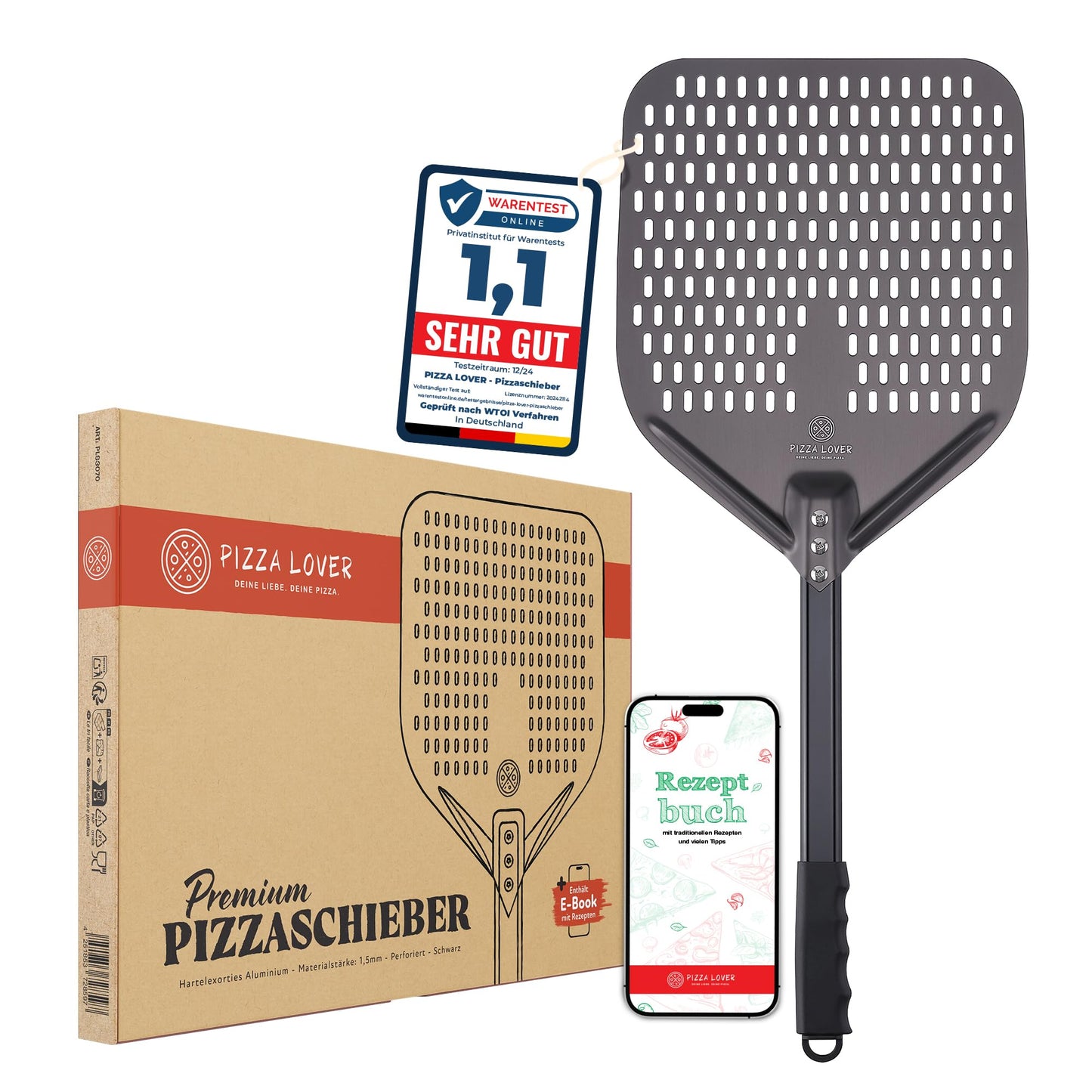 Pizzaschieber perforiert, Schwarz 30x70 cm